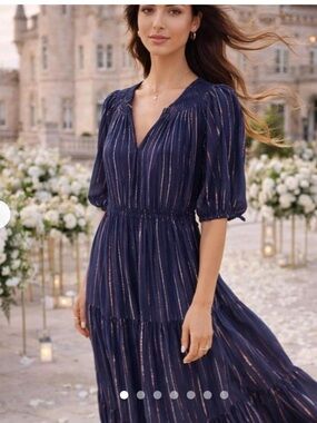 crown & ivy Navy Metallic-Striped Tiered Maxi Dress